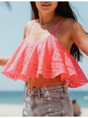 Coral Laser-Cut Ruffle Bikini Top With Adjustable Straps Lightweight & Trendy Sw